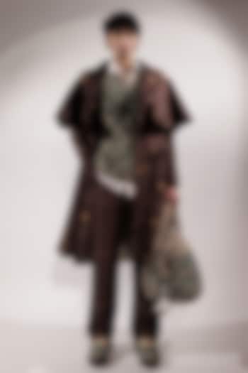 Brown Crepe Printed Trench Coat by Jubinav Chadha Men at Pernia's Pop Up Shop
