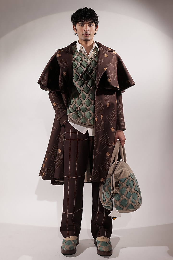 Brown Crepe Printed Trench Coat by Jubinav Chadha Men at Pernia's Pop Up Shop
