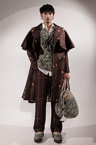 Brown Crepe Printed Trench Coat by Jubinav Chadha Men