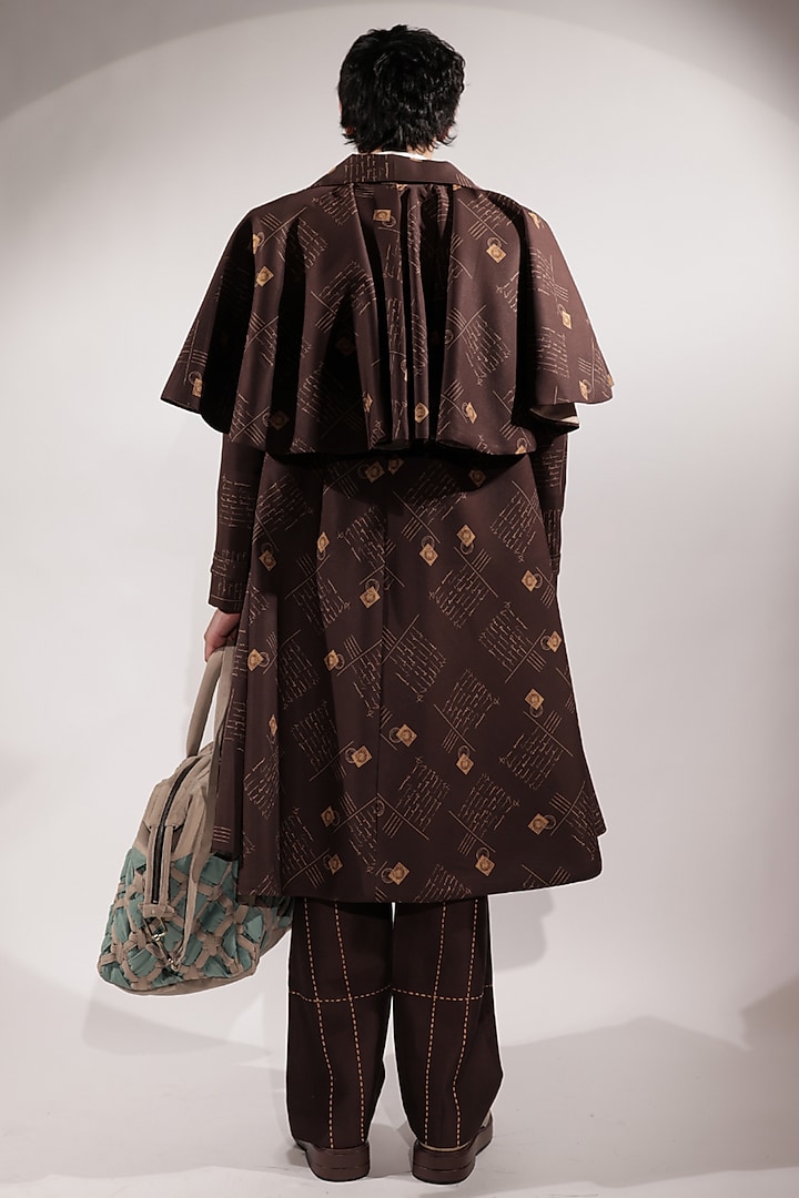 Brown Crepe Printed Trench Coat by Jubinav Chadha Men at Pernia's Pop Up Shop