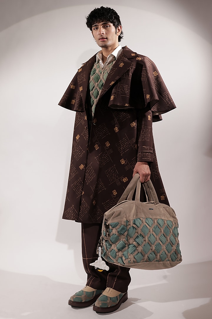 Brown Crepe Printed Trench Coat by Jubinav Chadha Men at Pernia's Pop Up Shop