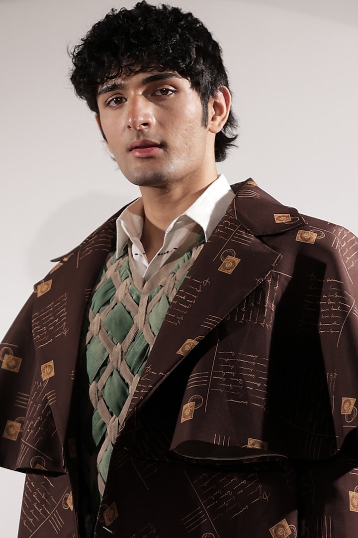 Brown Crepe Printed Trench Coat by Jubinav Chadha Men at Pernia's Pop Up Shop
