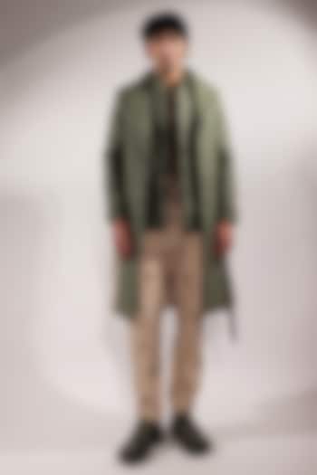 Green Leatherette Trench Coat by Jubinav Chadha Men at Pernia's Pop Up Shop