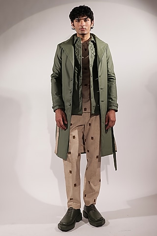 Green Leatherette Trench Coat by Jubinav Chadha Men