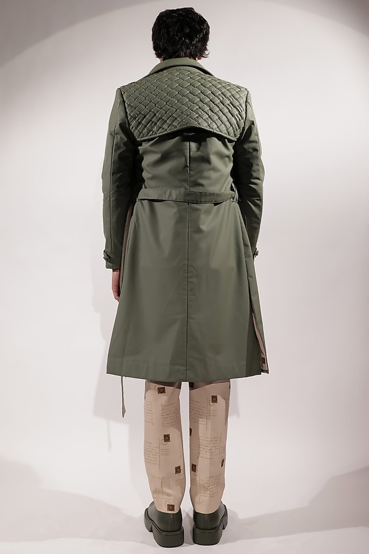 Green Leatherette Trench Coat by Jubinav Chadha Men at Pernia's Pop Up Shop