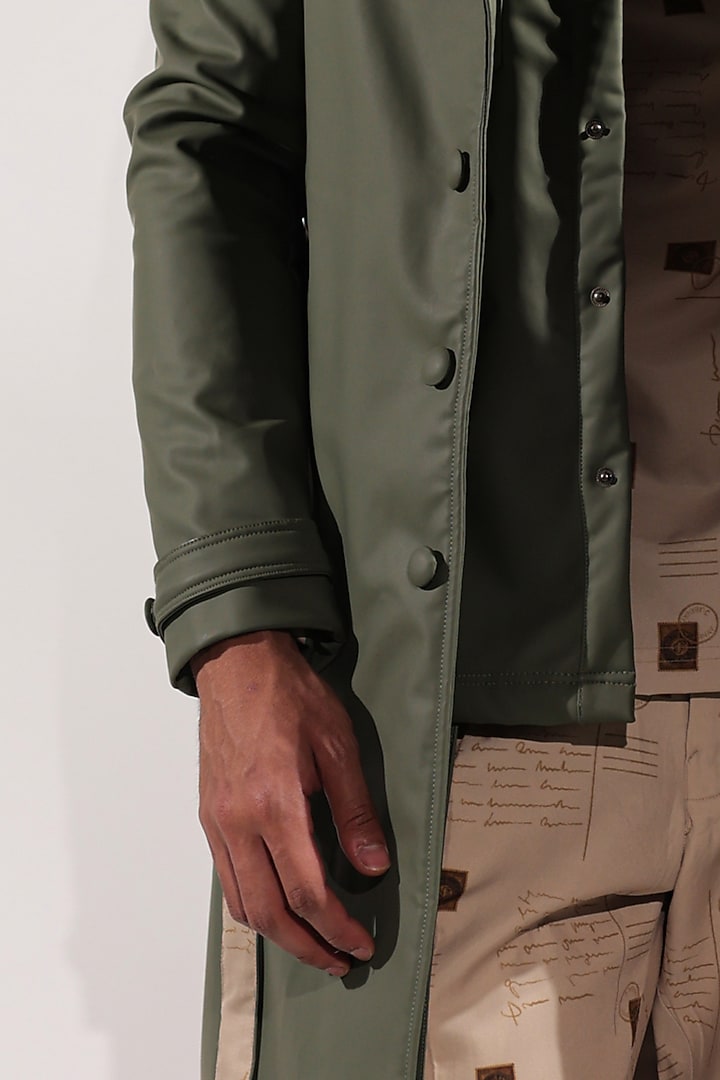 Green Leatherette Trench Coat by Jubinav Chadha Men at Pernia's Pop Up Shop