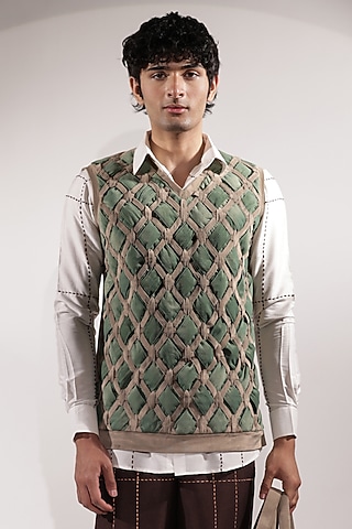Jade Green Suede Vest by Jubinav Chadha Men
