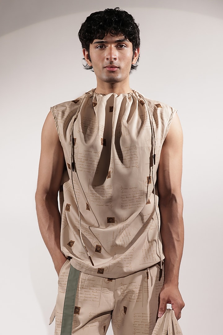 Beige Crepe Printed Top by Jubinav Chadha Men at Pernia's Pop Up Shop