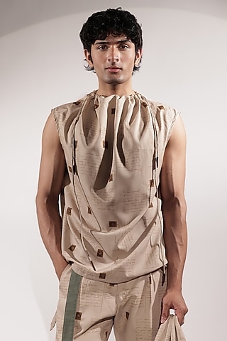 Beige Crepe Printed Top by Jubinav Chadha Men