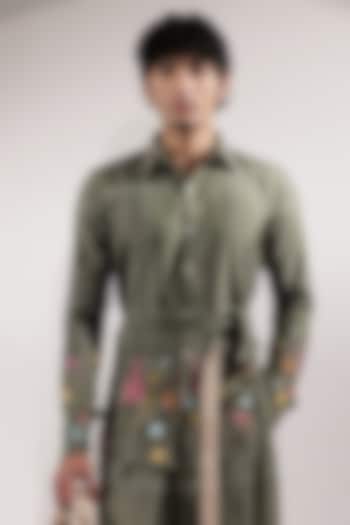 Green Cotton Silk Floral Embroidered Wedding Shirt by Jubinav Chadha Men at Pernia's Pop Up Shop