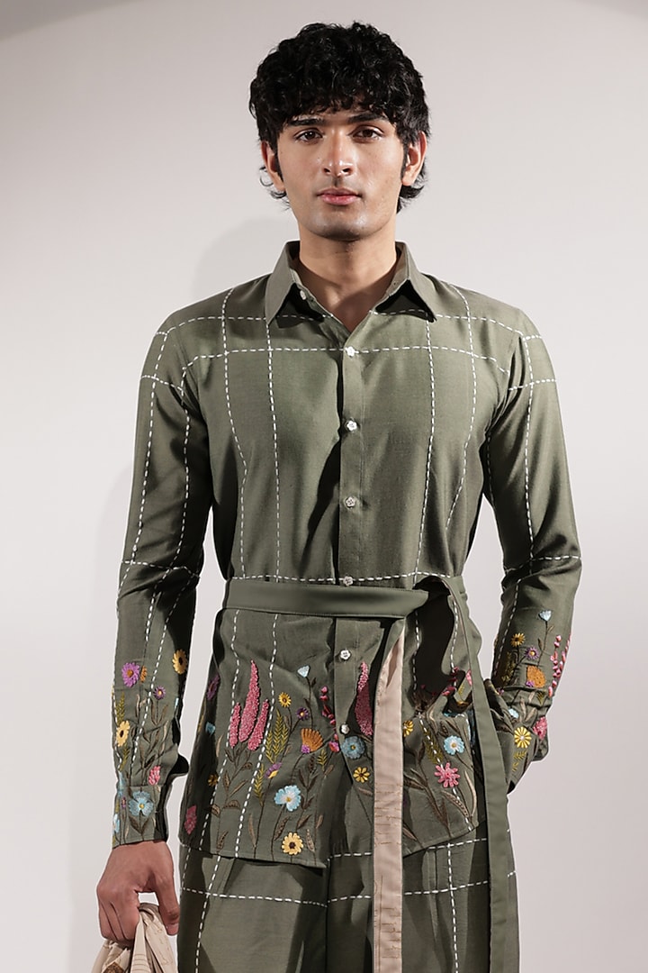 Green Cotton Silk Floral Embroidered Wedding Shirt by Jubinav Chadha Men at Pernia's Pop Up Shop