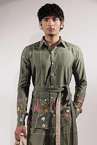 Green Cotton Silk Floral Embroidered Shirt by Jubinav Chadha Men