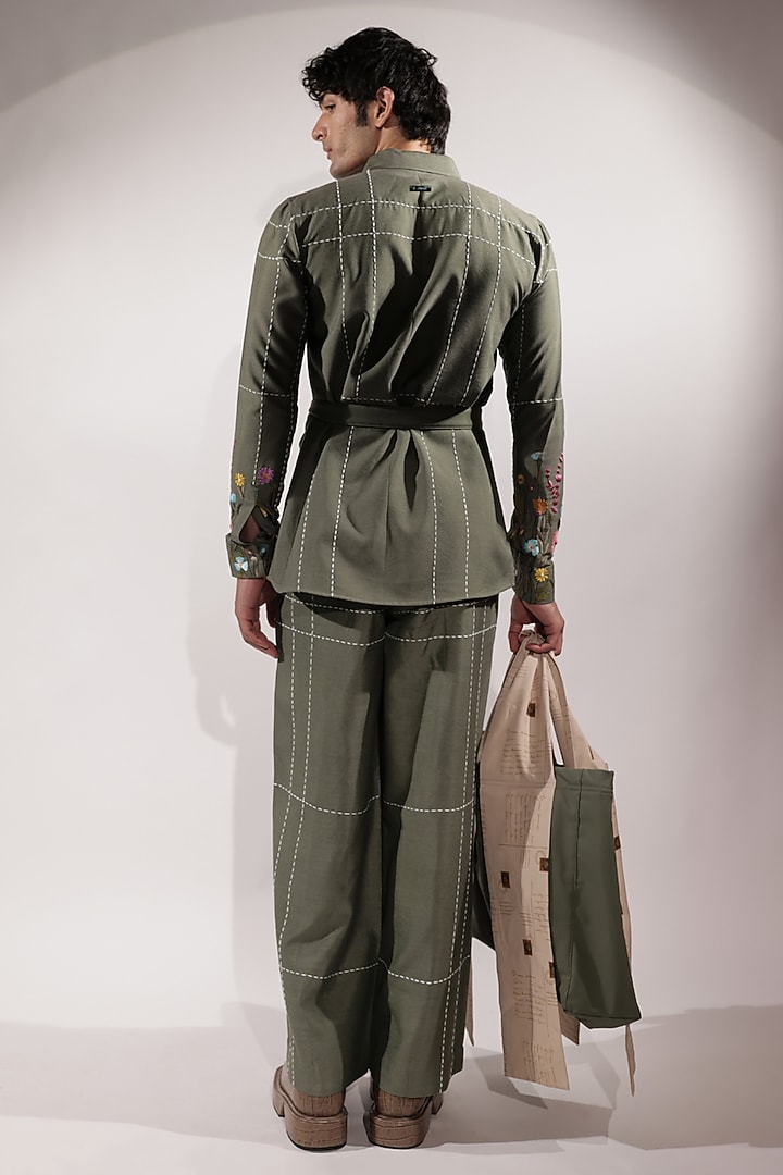 Green Cotton Silk Floral Embroidered Wedding Shirt by Jubinav Chadha Men at Pernia's Pop Up Shop