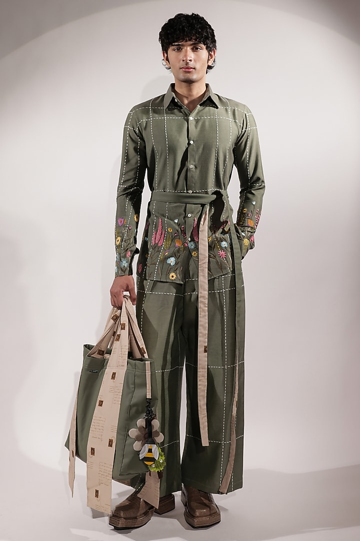 Green Cotton Silk Floral Embroidered Wedding Shirt by Jubinav Chadha Men at Pernia's Pop Up Shop