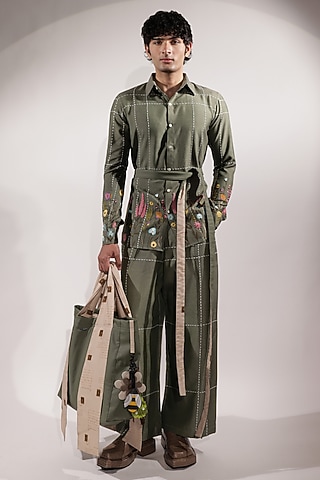 Green Cotton Silk Embroidered Wide-Legged Pants by Jubinav Chadha Men