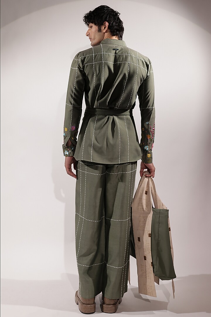 Green Cotton Silk Embroidered Wide-Legged Pants by Jubinav Chadha Men at Pernia's Pop Up Shop