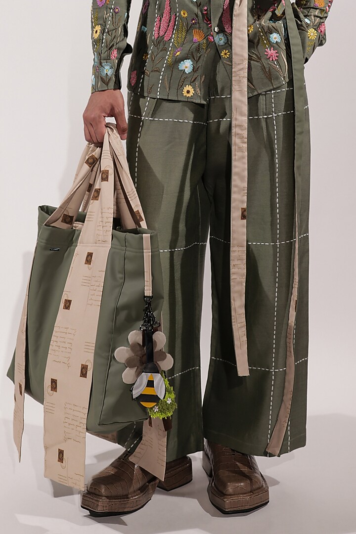 Green Cotton Silk Embroidered Wide-Legged Pants by Jubinav Chadha Men at Pernia's Pop Up Shop