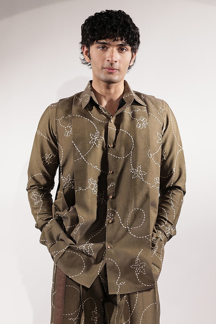 Olive Green Cotton Silk Embroidered Wedding Shirt by Jubinav Chadha Men at Pernia's Pop Up Shop