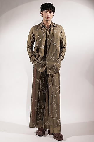 Olive Green Cotton Silk Embroidered Wide-Legged Pants by Jubinav Chadha Men