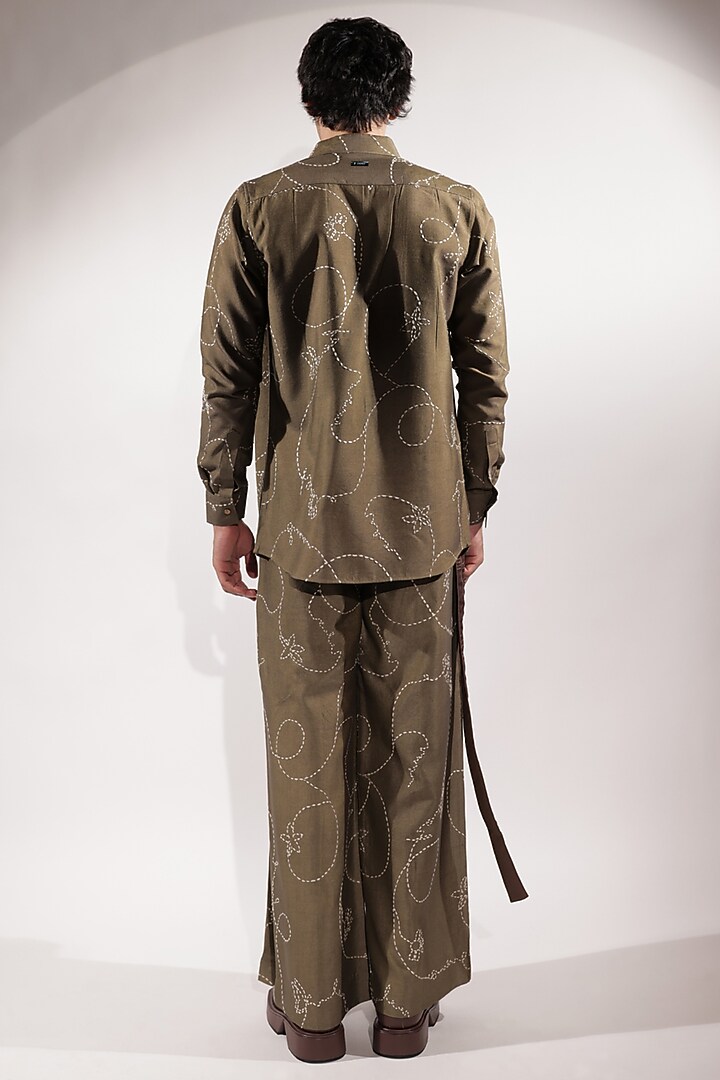 Olive Green Cotton Silk Embroidered Wide-Legged Pants by Jubinav Chadha Men at Pernia's Pop Up Shop