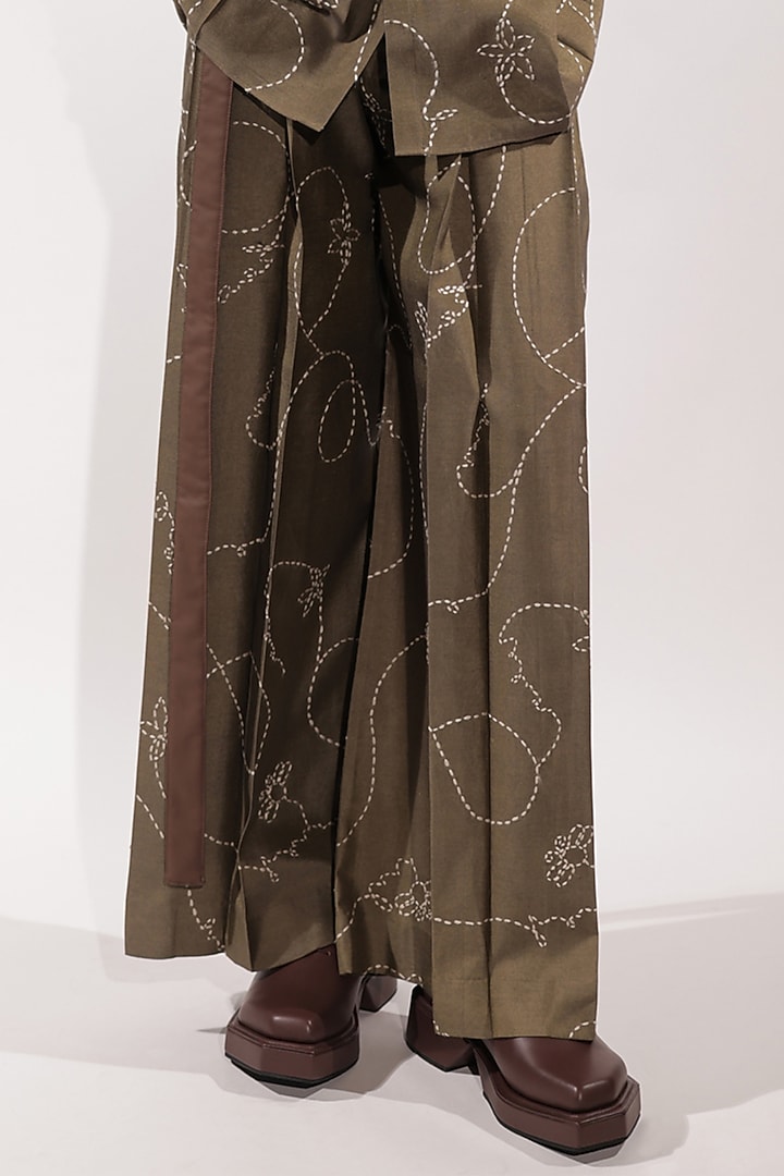 Olive Green Cotton Silk Embroidered Wide-Legged Pants by Jubinav Chadha Men at Pernia's Pop Up Shop