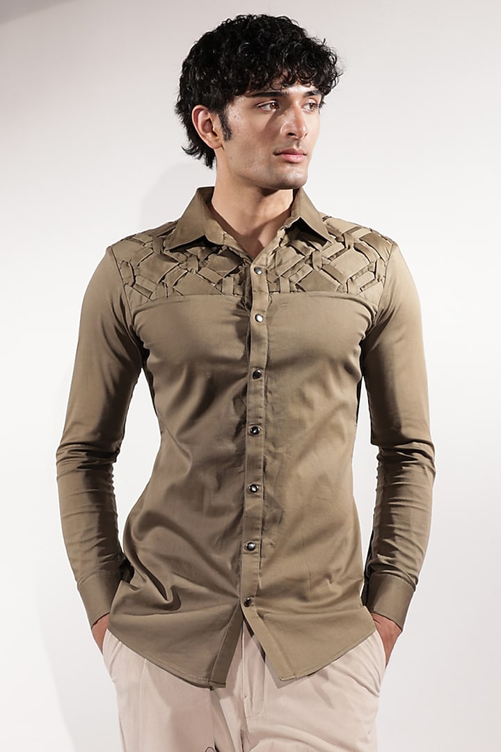 Olive Green Cotton Lycra Wedding Shirt by Jubinav Chadha Men at Pernia's Pop Up Shop