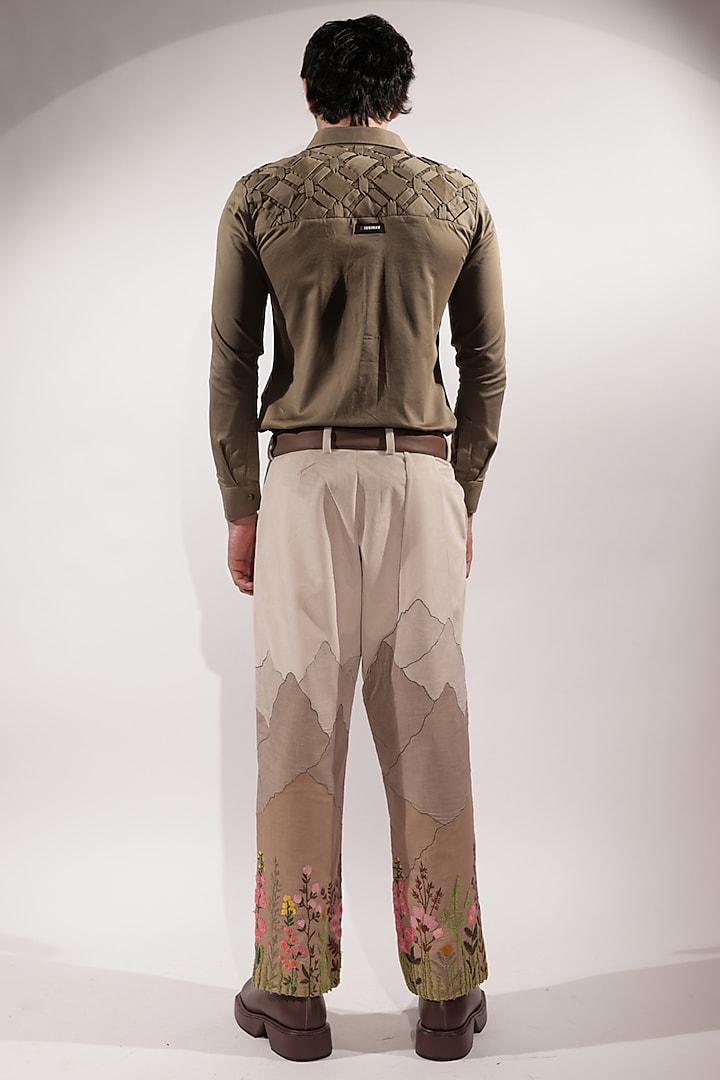 Olive Green Cotton Lycra Wedding Shirt by Jubinav Chadha Men at Pernia's Pop Up Shop