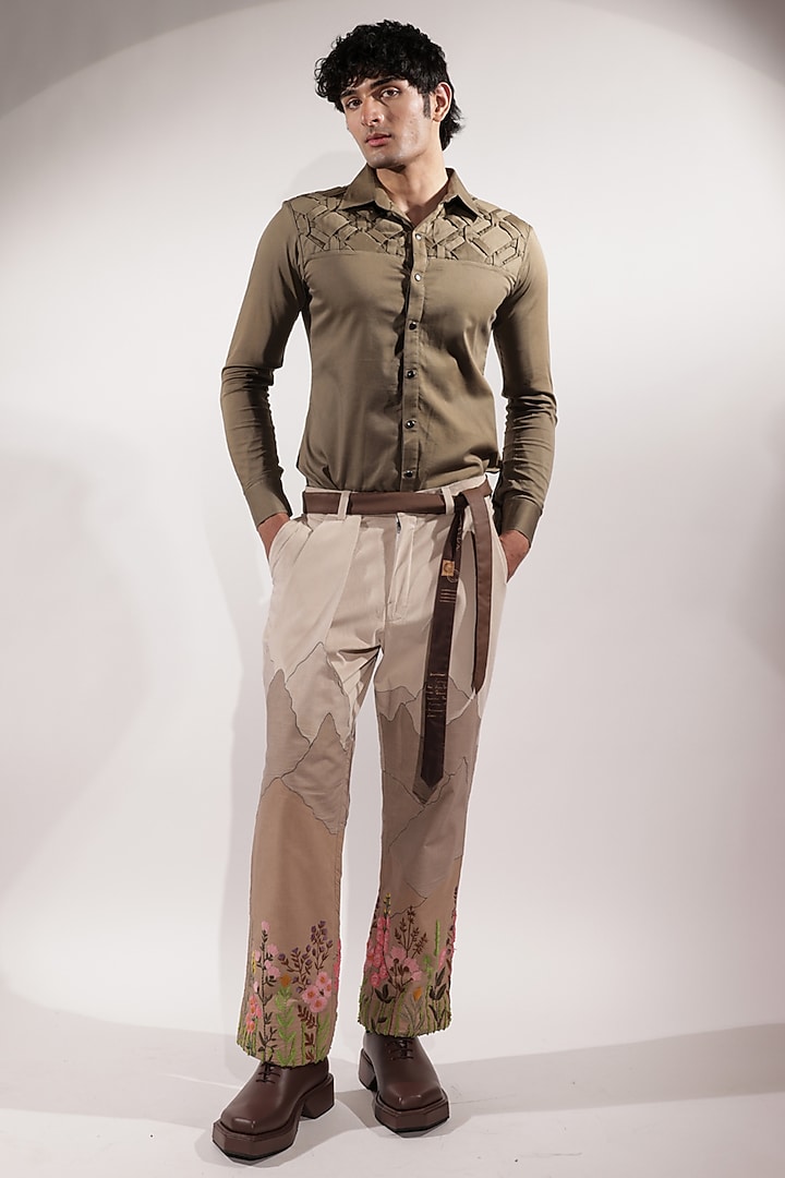 Olive Green Cotton Lycra Wedding Shirt by Jubinav Chadha Men at Pernia's Pop Up Shop