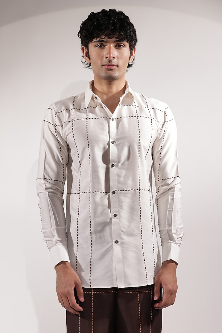 White Cotton Silk Embroidered Wedding Shirt by Jubinav Chadha Men at Pernia's Pop Up Shop