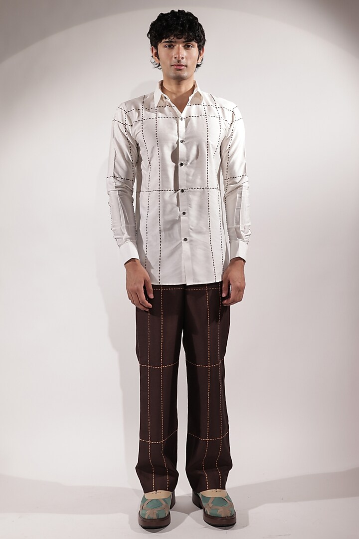 White Cotton Silk Embroidered Wedding Shirt by Jubinav Chadha Men at Pernia's Pop Up Shop