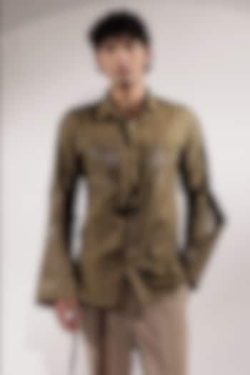 Olive Green Linen Embroidered Wedding Shirt by Jubinav Chadha Men at Pernia's Pop Up Shop