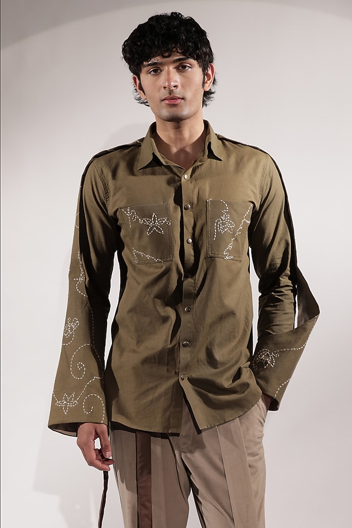 Olive Green Linen Embroidered Wedding Shirt by Jubinav Chadha Men at Pernia's Pop Up Shop