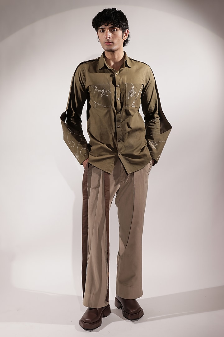 Olive Green Linen Embroidered Wedding Shirt by Jubinav Chadha Men at Pernia's Pop Up Shop