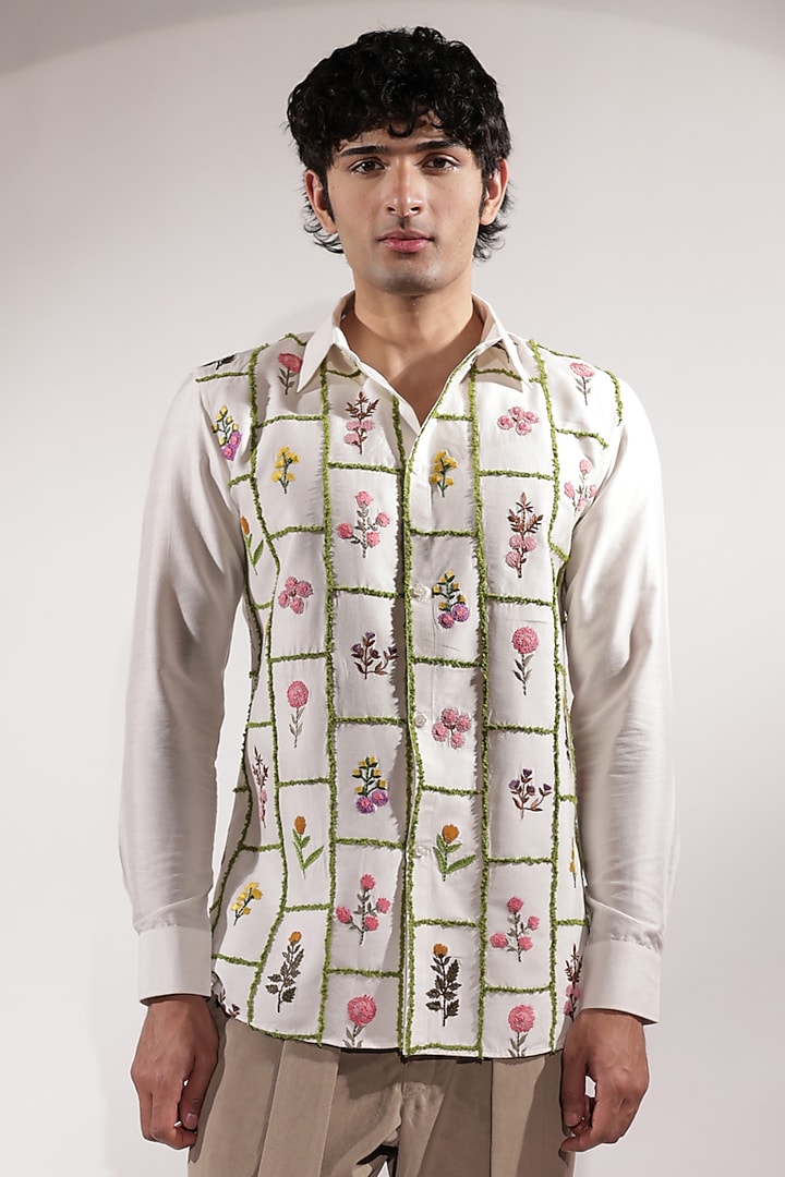White Cotton Silk Floral Embroidered Wedding Shirt by Jubinav Chadha Men at Pernia's Pop Up Shop