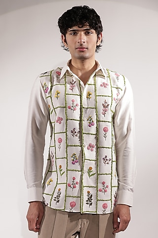 White Cotton Silk Floral Embroidered Shirt by Jubinav Chadha Men
