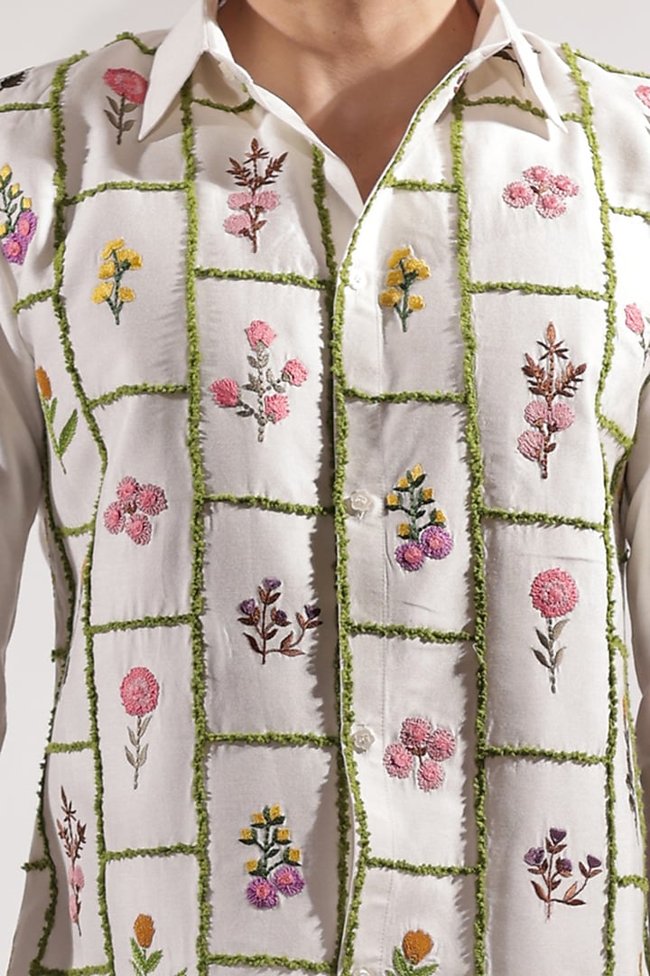 White Cotton Silk Floral Embroidered Wedding Shirt by Jubinav Chadha Men at Pernia's Pop Up Shop