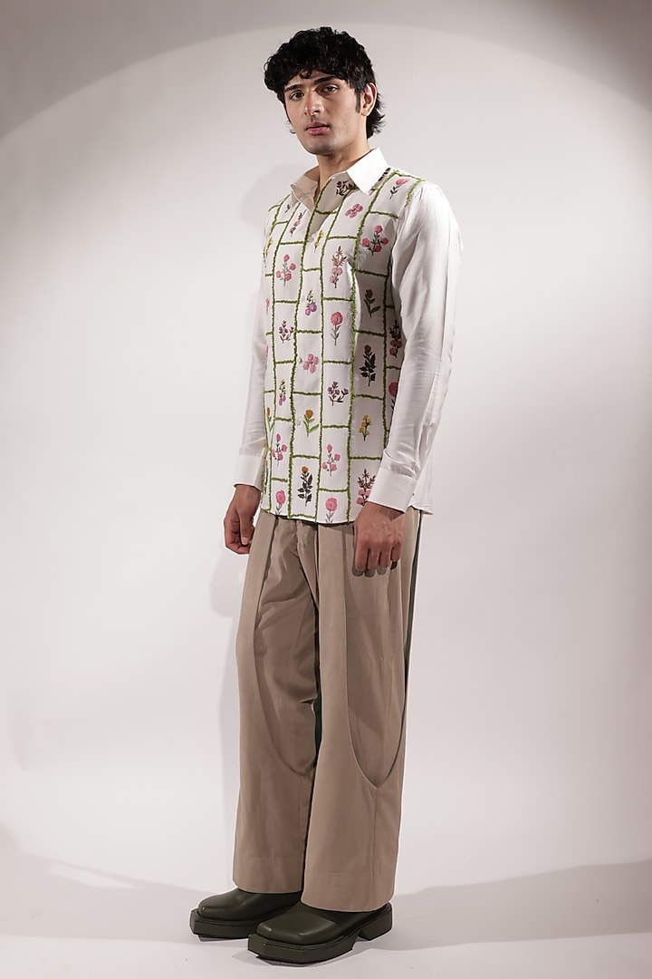 White Cotton Silk Floral Embroidered Wedding Shirt by Jubinav Chadha Men at Pernia's Pop Up Shop
