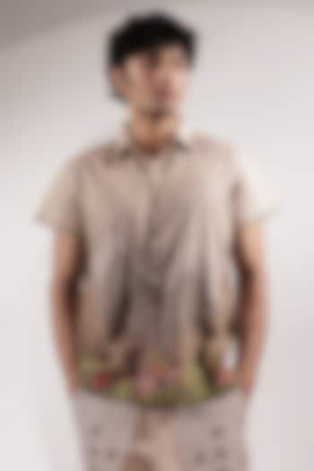 Beige Linen Floral Embroidered Wedding Shirt by Jubinav Chadha Men at Pernia's Pop Up Shop