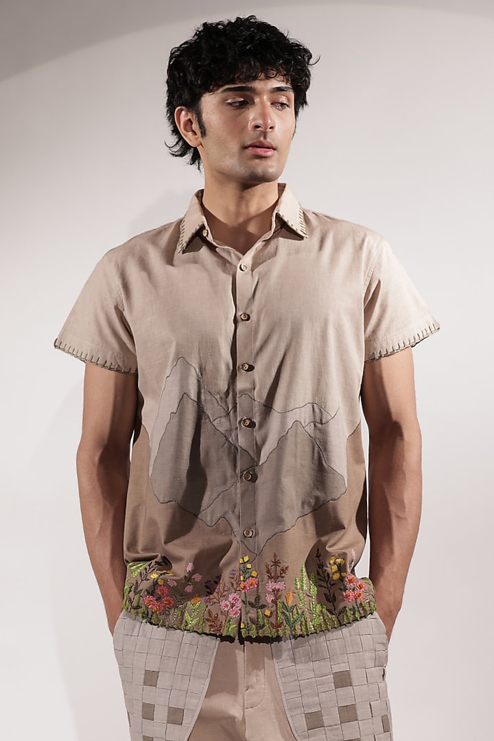 Beige Linen Floral Embroidered Wedding Shirt by Jubinav Chadha Men at Pernia's Pop Up Shop