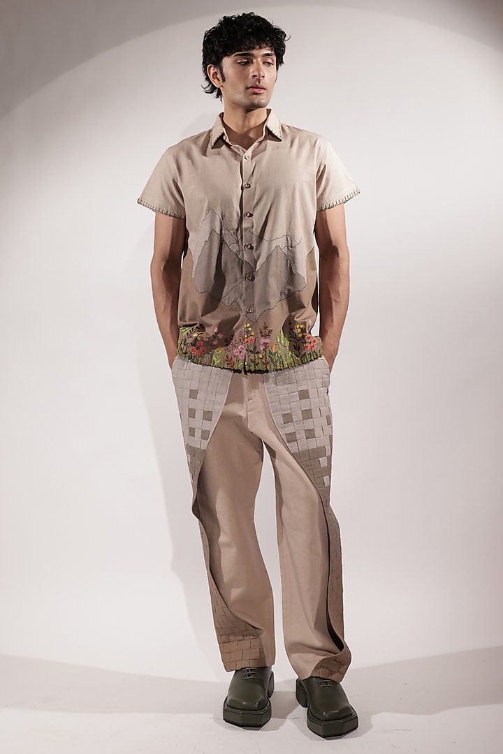Beige Linen Floral Embroidered Wedding Shirt by Jubinav Chadha Men at Pernia's Pop Up Shop