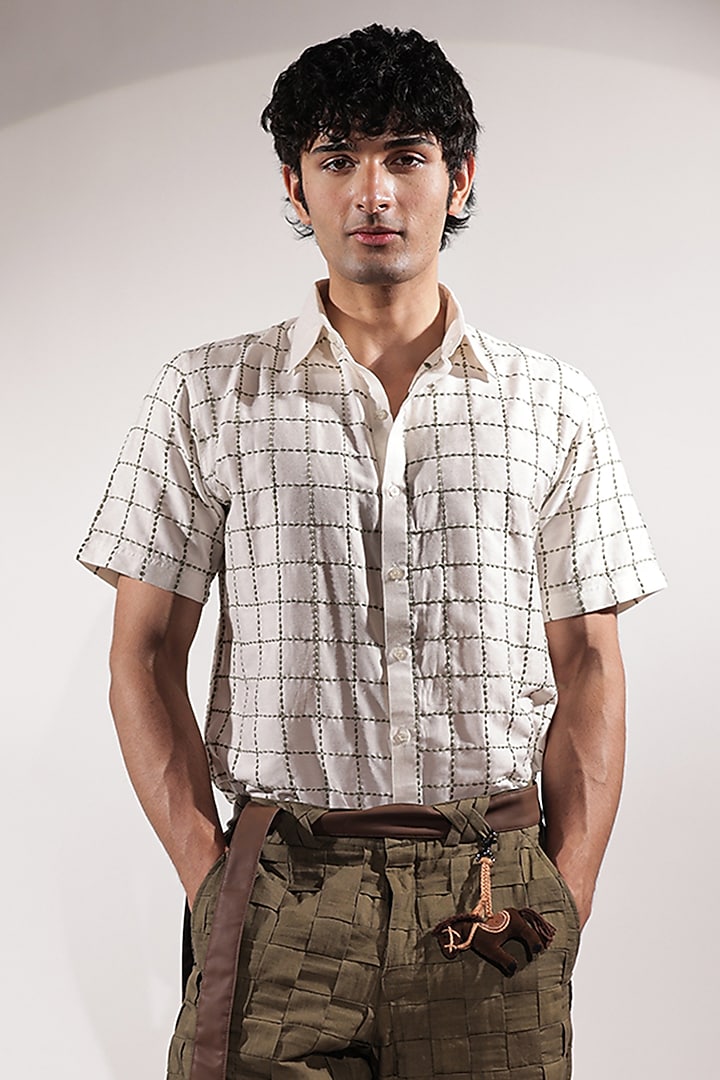 White Cotton Silk Kantha Embroidered Wedding Shirt by Jubinav Chadha Men at Pernia's Pop Up Shop