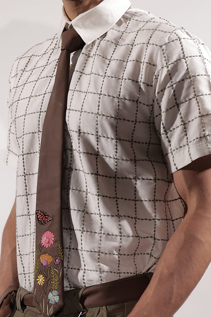 White Cotton Silk Kantha Embroidered Wedding Shirt by Jubinav Chadha Men at Pernia's Pop Up Shop