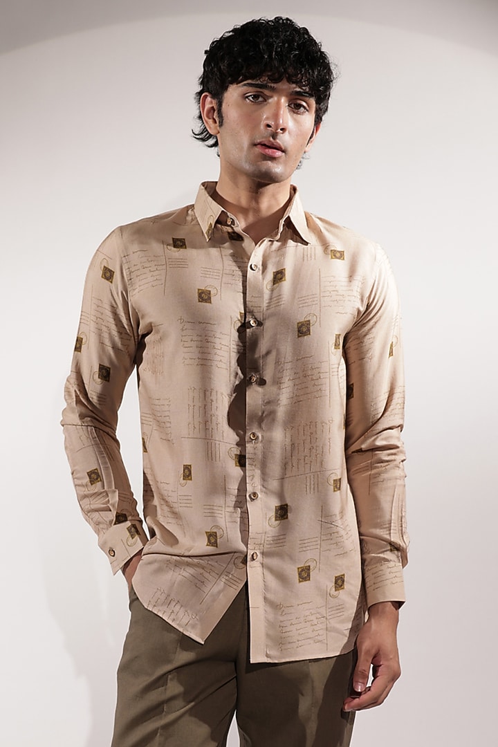 Beige Cotton Silk Printed Party Wear Shirt by Jubinav Chadha Men at Pernia's Pop Up Shop