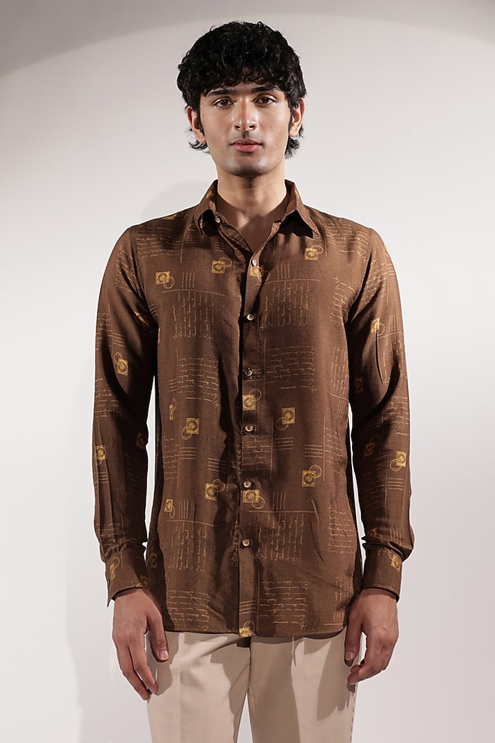 Brown Cotton Silk Printed Party Wear Shirt by Jubinav Chadha Men at Pernia's Pop Up Shop