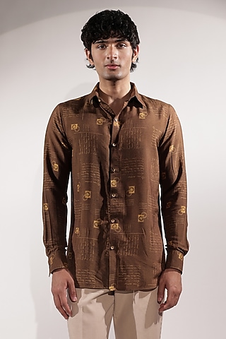 Brown Cotton Silk Printed Shirt by Jubinav Chadha Men