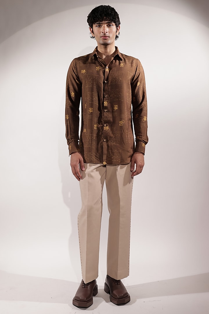 Brown Cotton Silk Printed Party Wear Shirt by Jubinav Chadha Men at Pernia's Pop Up Shop