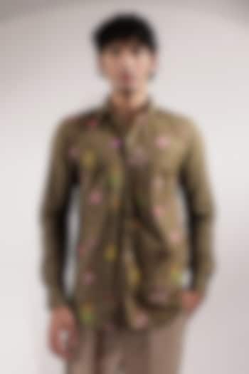 Olive Green Linen Floral Embroidered Wedding Shirt by Jubinav Chadha Men at Pernia's Pop Up Shop