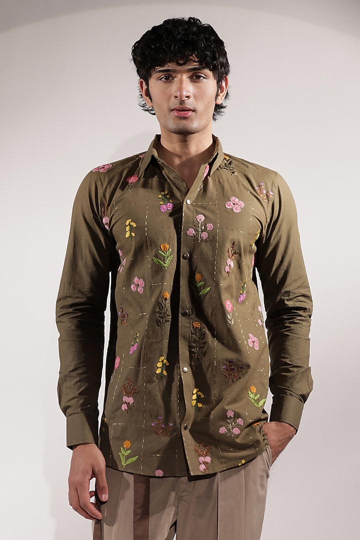 Olive Green Linen Floral Embroidered Wedding Shirt by Jubinav Chadha Men at Pernia's Pop Up Shop