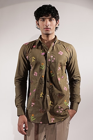 Olive Green Linen Floral Embroidered Shirt by Jubinav Chadha Men