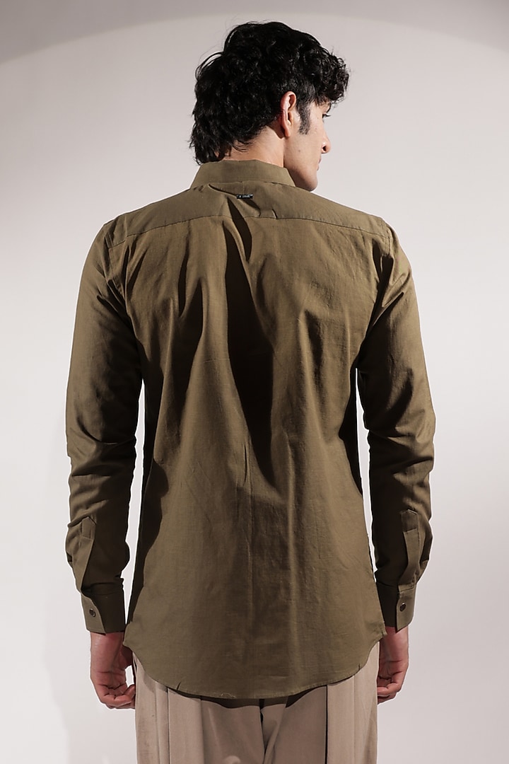 Olive Green Linen Floral Embroidered Wedding Shirt by Jubinav Chadha Men at Pernia's Pop Up Shop